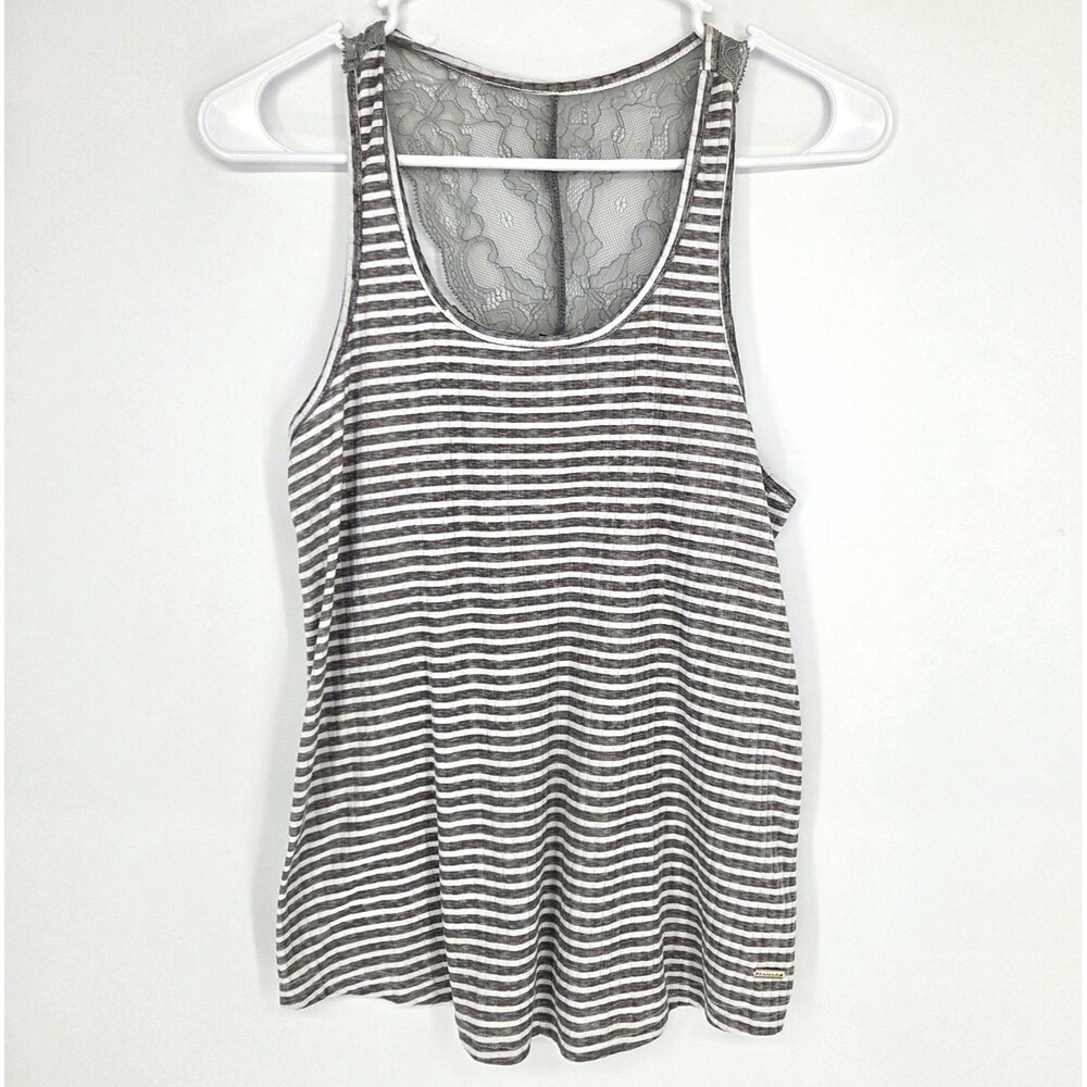 Tahari Womens Gray White Striped Racerback Lace Back Scoop Neck Tank Size Small